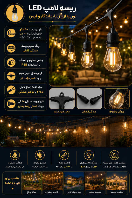 ریسه سرپیچی یا لامپی ۱۰ متری 20 شعله E27 ضدآب IP65 کابل 2×1.5 قابل اتصال تا ۱۰۰ متر | بدون لامپ